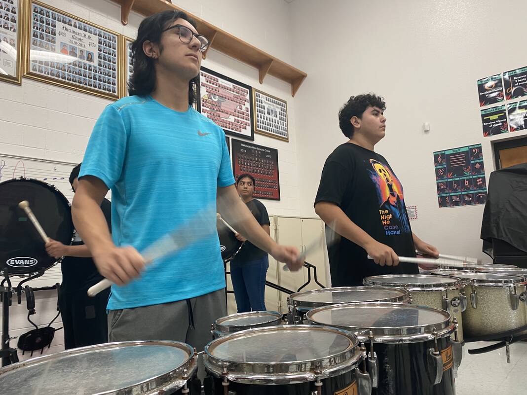 Harlingen High School drum section practicing before Summer Band Camp
